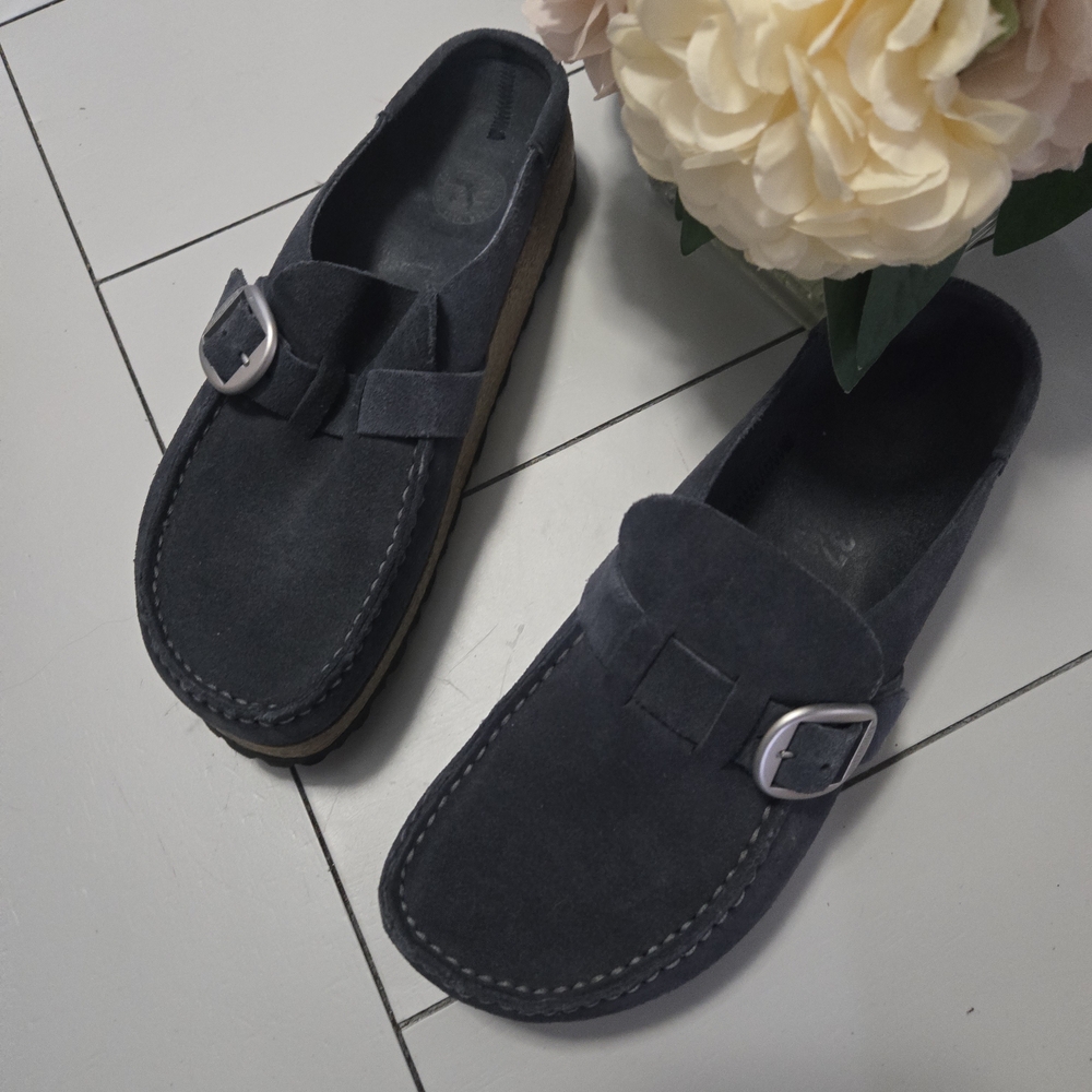 Birkenstock Unisex Blue/Gray Suede Buckle Clog Sandals - Picture 5 of 7